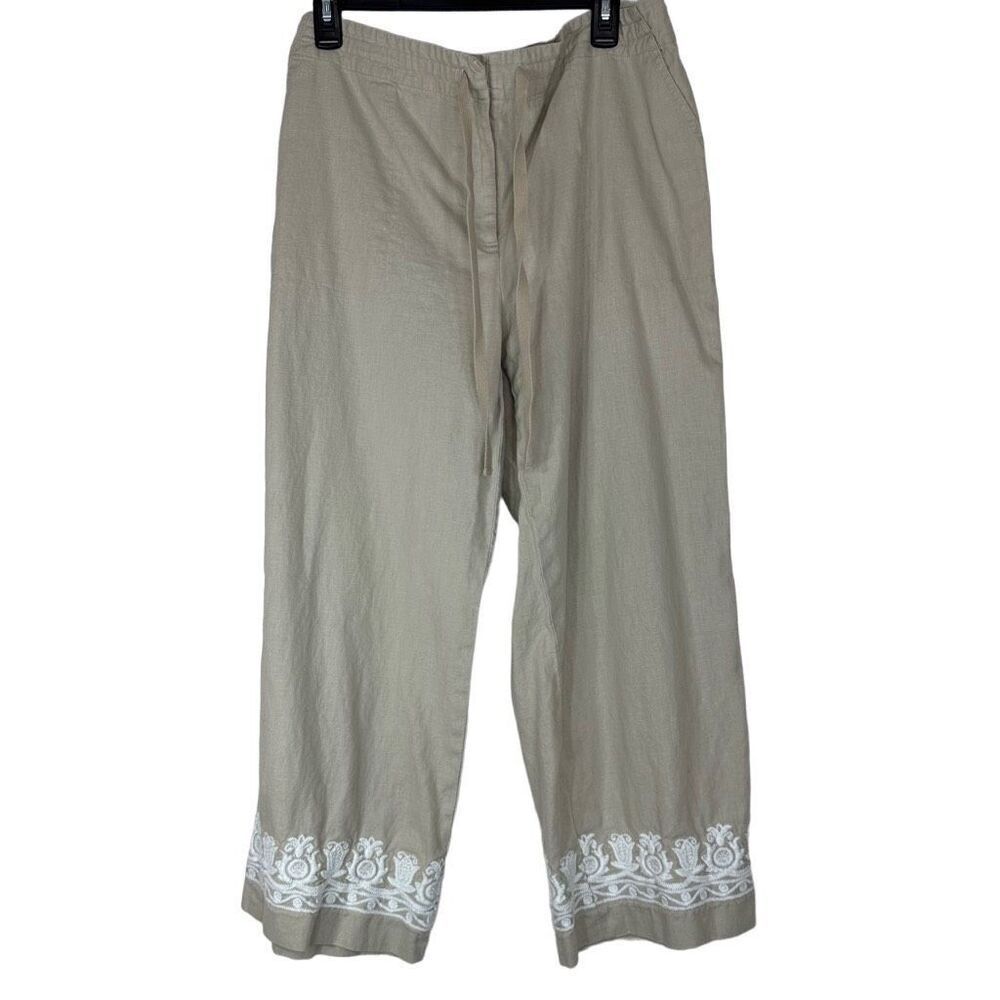 Talbots Tan Linen Blend Boho Embroidered‎ Capri Pants Womens 14 Casual Summer